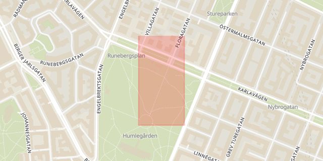 Karta som med röd fyrkant ramar in Humlegården, Östermalm, Stockholm, Stockholms län