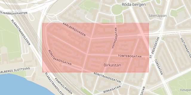 Karta som med röd fyrkant ramar in Tomtebogatan, Stockholm, Stockholms län