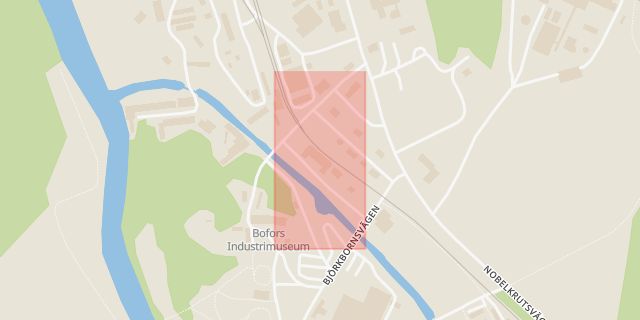 Karta som med röd fyrkant ramar in Bofors, Bofors Industriområde, Karlskoga, Örebro län