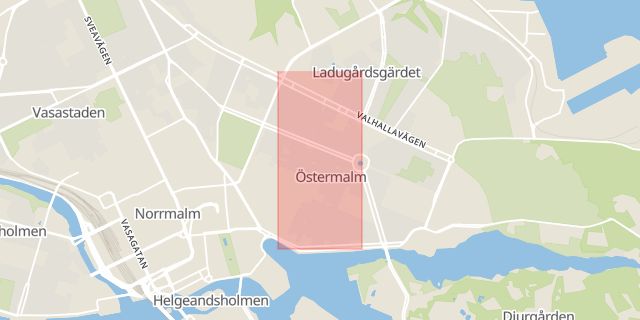 Karta som med röd fyrkant ramar in Artillerigatan, Stockholm, Stockholms län