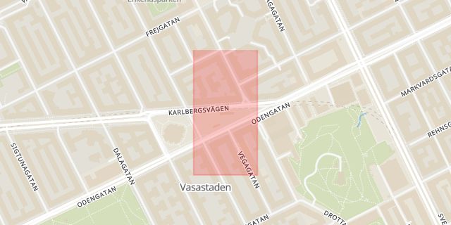 Karta som med röd fyrkant ramar in Karlbergs Station, Citytunneln, Odenplan, Solna, Stockholms län