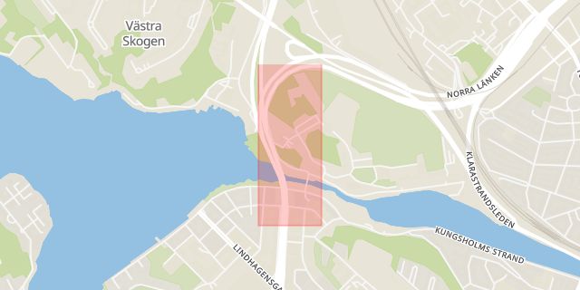 Karta som med röd fyrkant ramar in Huvudsta, Essingeleden, Solna, Stockholms län