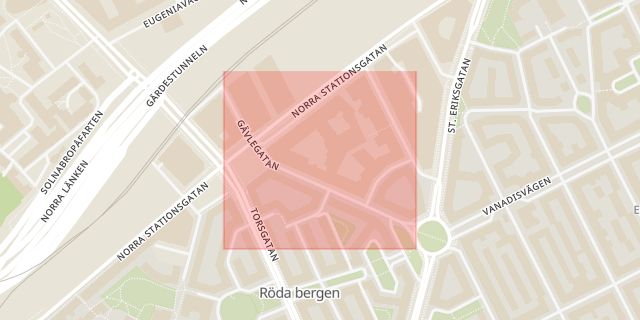 Karta som med röd fyrkant ramar in Gävlegatan, Vasastaden, Stockholm, Stockholms län
