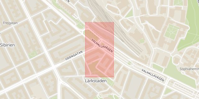 Karta som med röd fyrkant ramar in Valhallavägen, Östermalmsgatan, Stockholm, Stockholms län