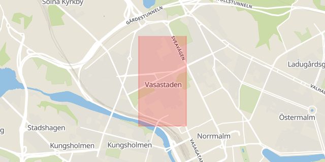 Karta som med röd fyrkant ramar in Vasastan, Upplandsgatan, Stockholm, Stockholms län