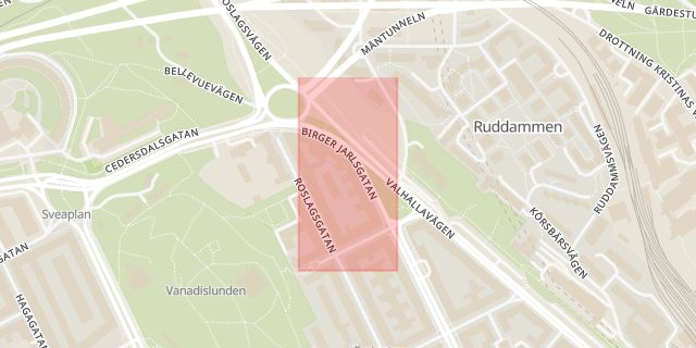 Karta som med röd fyrkant ramar in Vasastaden, Roslagstull, Stockholm, Stockholms län