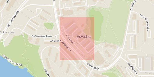 Karta som med röd fyrkant ramar in Bygatan, Huvudsta, Solna, Stockholms län