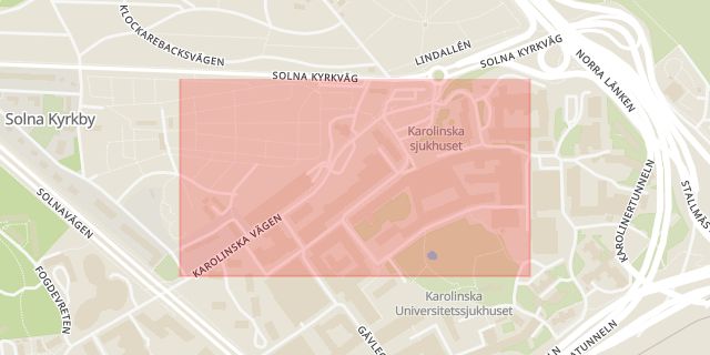 Karta som med röd fyrkant ramar in Karolinska Vägen, Solna, Stockholms län