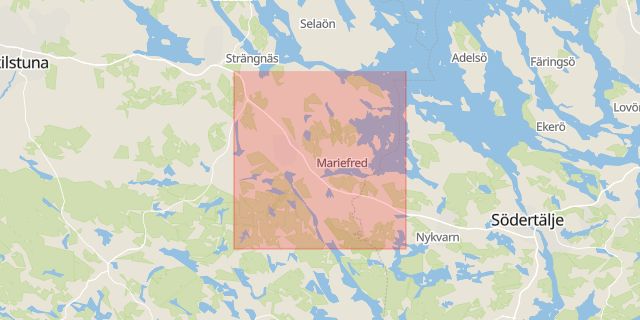 Karta som med röd fyrkant ramar in Södertälje, Mariefred, Strängnäs