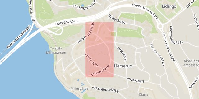 Karta som med röd fyrkant ramar in Stjärnvägen, Herserud, Lidingö, Stockholms län
