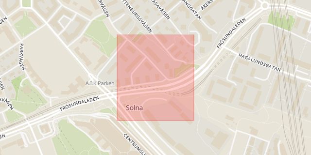 Karta som med röd fyrkant ramar in Råsunda, Kruthusbacken, Solna, Stockholms län
