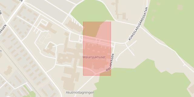 Karta som med röd fyrkant ramar in Mälarsjukhuset, Eskilstuna, Södermanlands län
