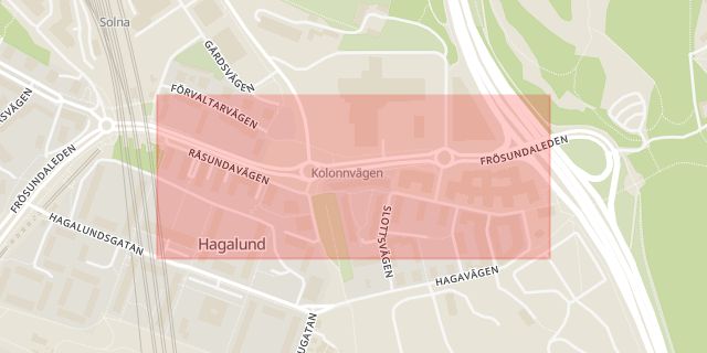 Karta som med röd fyrkant ramar in Råsundavägen, Hagalund, Solna, Stockholms län