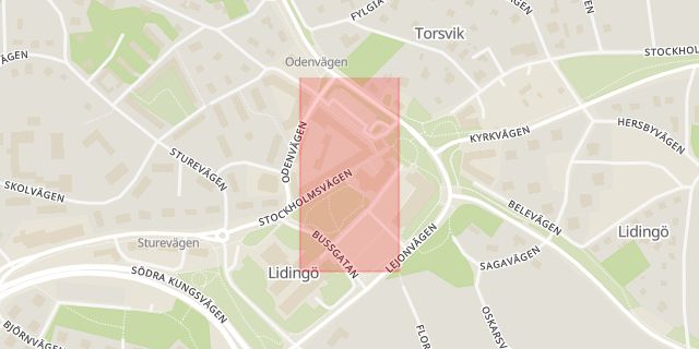 Karta som med röd fyrkant ramar in Lidingö Centrum, Friggavägen, Lidingö, Stockholms län