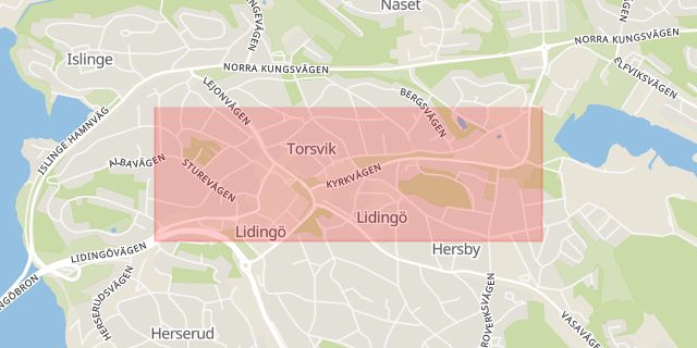 Karta som med röd fyrkant ramar in Stockholmsvägen, Lidingö, Stockholms län