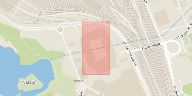 Karta som med röd fyrkant ramar in Friends Arena, Gamla Stan, Sundbybergs Station, Stockholms län
