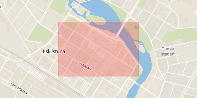 Karta som med röd fyrkant ramar in Södermanland, Rademachergatan, Eskilstuna, Oxelösund, Katrineholm, Tivoligatan, Södermanlands län