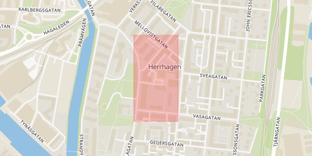 Karta som med röd fyrkant ramar in Fryxellsgatan, Herrhagen, Karlstad, Värmlands län