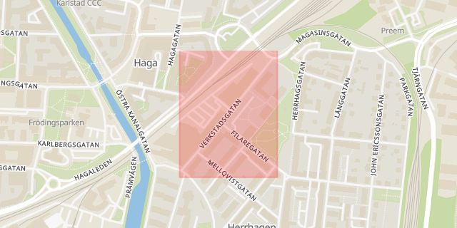 Karta som med röd fyrkant ramar in Verkstadsgatan, Herrhagen, Karlstad, Värmlands län