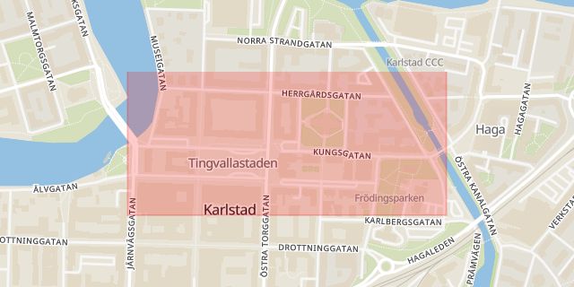 Karta som med röd fyrkant ramar in Karlstad, Kungsgatan, Tingvallastaden, Vålberg, Gökhöjden, Sandbäcken, Torsby, Arvika, Värmlands län