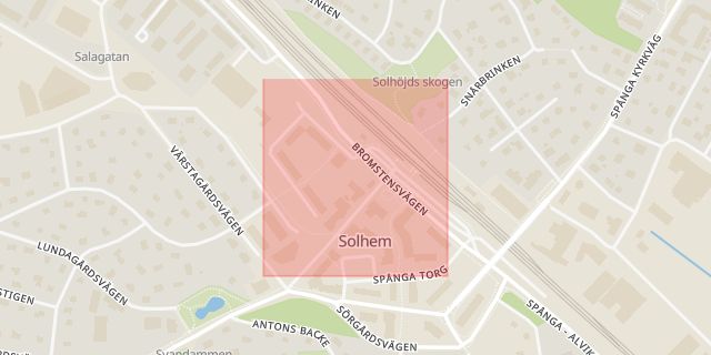 Karta som med röd fyrkant ramar in Solhem, Spånga Stationsväg, Stockholm, Stockholms län