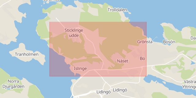 Karta som med röd fyrkant ramar in Näset, Lidingö, Stockholms län