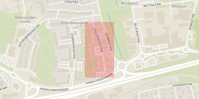 Karta som med röd fyrkant ramar in Låglandsgatan, Våxnäs, Karlstad, Värmlands län