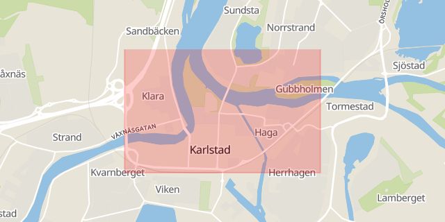 Karta som med röd fyrkant ramar in Vålberg, Karlstad, Tingvallastaden, Arvika, Årjäng, Värmlands län