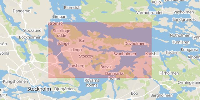 Karta som med röd fyrkant ramar in Lilla Lidingöbron, Färdvägen, Lidingö, Stockholms län