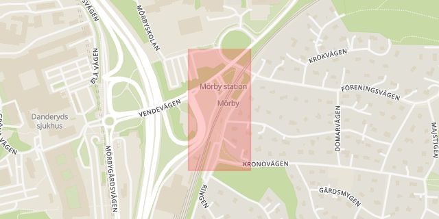 Karta som med röd fyrkant ramar in Danderyds Sjukhus, Mörby Station, Roslagsbanan, Danderyd, Stockholms län