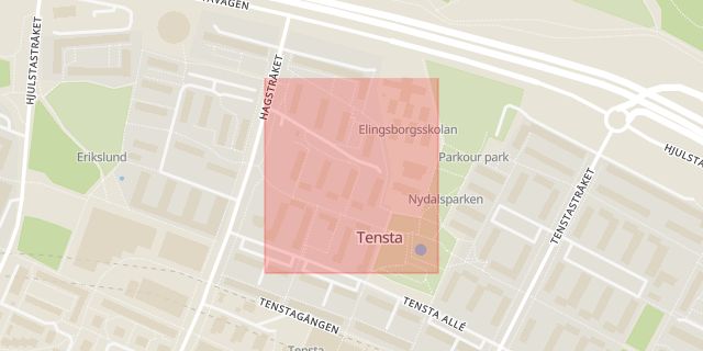 Karta som med röd fyrkant ramar in Skäftingebacken, Tensta, Stockholm, Stockholms län
