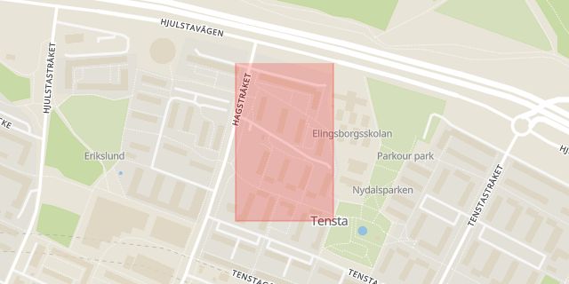 Karta som med röd fyrkant ramar in Tensta, Skäftingebacken, Stockholm, Stockholms län