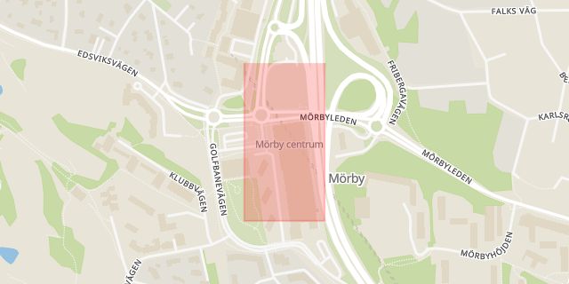 Karta som med röd fyrkant ramar in Mörby Centrum, Danderyd, Stockholms län