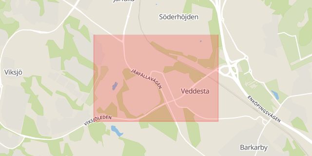 Karta som med röd fyrkant ramar in Barkarbystaden, Flygfältet, Skogen, Järfälla, Stockholms län
