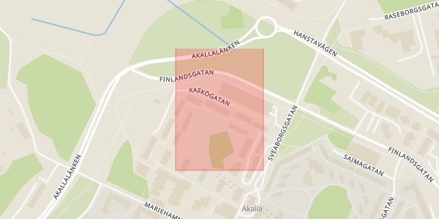 Karta som med röd fyrkant ramar in Akalla, Kaskögatan, Stockholm, Stockholms län