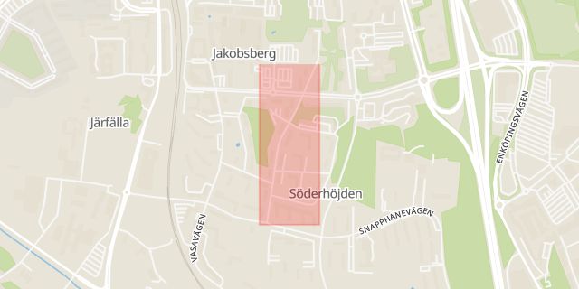 Karta som med röd fyrkant ramar in Jakobsberg, Engelbrektsvägen, Järfälla, Stockholms län