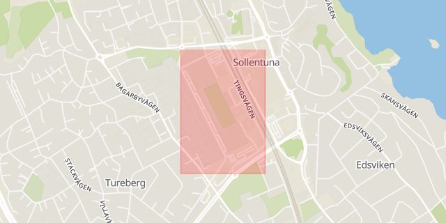 Karta som med röd fyrkant ramar in Tingsvägen, Tureberg, Sollentuna, Stockholms län