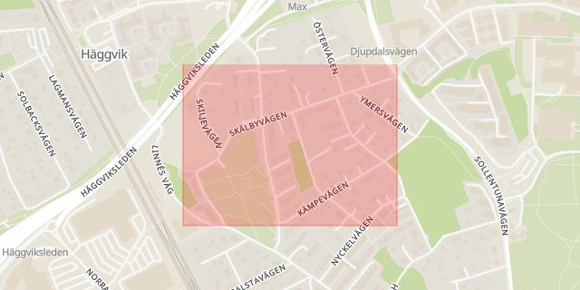 Karta som med röd fyrkant ramar in Skälbyvägen, Häggvik, Sollentuna, Stockholms län