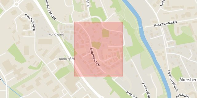 Karta som med röd fyrkant ramar in Runöbacken, Åkersberga, Österåker, Stockholms län