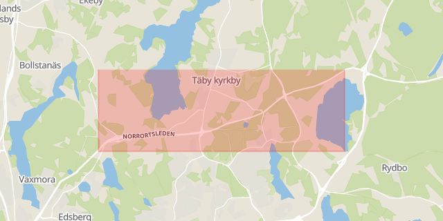 Karta som med röd fyrkant ramar in Norrortsleden, Täby, Stockholms län