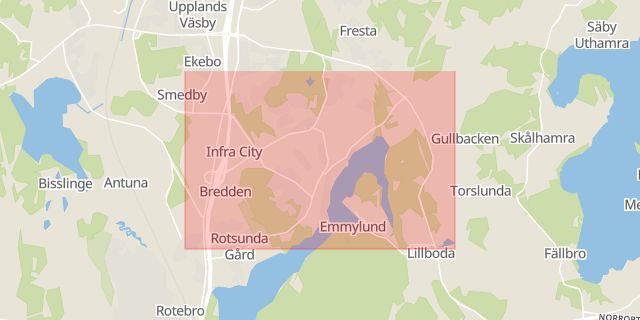 Karta som med röd fyrkant ramar in Bollstanäs, Upplands väsby, Stockholms län