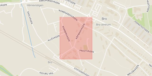 Karta som med röd fyrkant ramar in Köpmanvägen, Upplands-Bro, Stockholms län