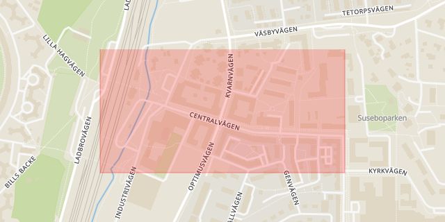 Karta som med röd fyrkant ramar in Centralvägen, Upplands väsby, Stockholms län