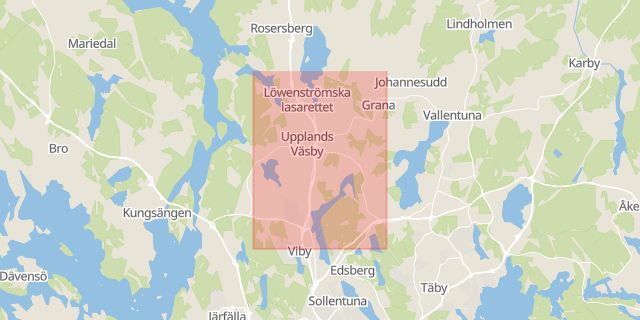 Karta som med röd fyrkant ramar in Upplands Väsby, Vallentuna, Stockholms län