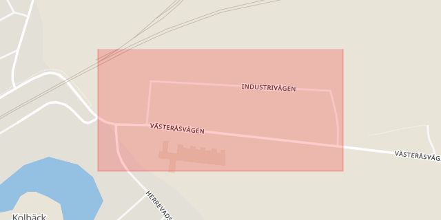 Karta som med röd fyrkant ramar in Industrivägen, Kolbäck, Hallstahammar, Västmanlands län