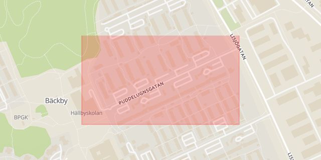 Karta som med röd fyrkant ramar in Puddelugnsgatan, Bäckby, Västerås, Västmanlands län