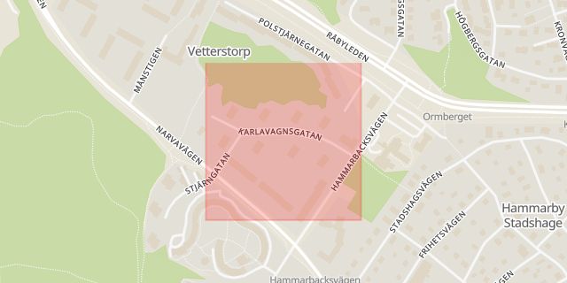 Karta som med röd fyrkant ramar in Vetterstorp, Karlavagnsgatan, Västerås, Västmanlands län