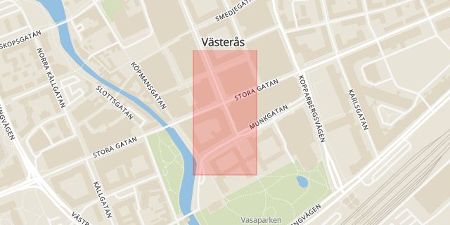 Karta som med röd fyrkant ramar in Stora Gatan, Västra Ringvägen, Västerås, Västmanlands län