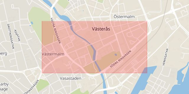 Karta som med röd fyrkant ramar in Stora Gatan, Västerås, Västmanlands län
