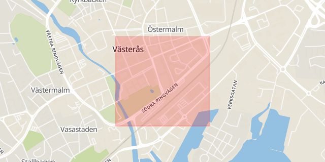 Karta som med röd fyrkant ramar in Södra Ringvägen, Västerås, Västmanlands län